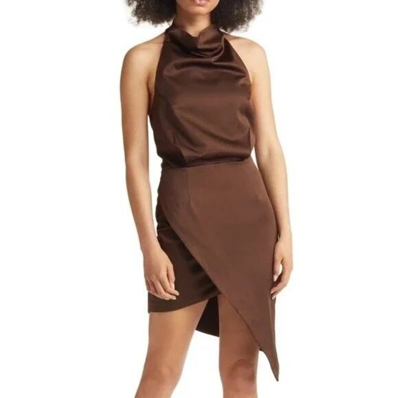 Revolve Elliatt Camo Asymmetric Chocolate Satin Cocktail Dress Women's Size L - Picture 1 of 8
